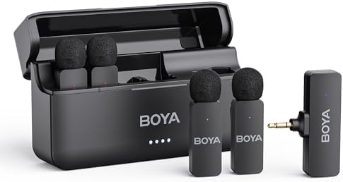 BOYA by-V4 Wireless Microphones for Cameras DSLR Camcorder with Charging case, 12H Battery Life, 650ft Range, 4-Channel Omnidirectional Noise Canceling Lavalier Mic for Live Streaming Vlog