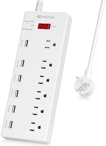 HITRENDS Surge Protector Power Strip 6 Outlets with 6 USB Charging Ports, USB Extension Cord, 1625W/13A Multiplug for Multiple Devices Smartphone Tablet Laptop Computer (6ft, white)