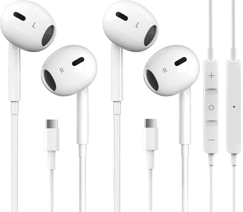 2 Packs USB C Headphones for iPhone 16/15 Earbuds with Microphone & Volume Control HiFi Stereo Type C Earphones for Galaxy S23/S22/S21/S20/Ultra Note 10/20, for iPad Pro Pixel 7/6/6a/5/4 OnePlus 9 8