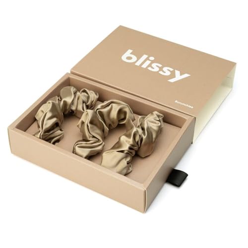 Blissy Silk Scrunchies (3 Pack) - 100% Pure Mulberry Silk - 22 Momme 6A High-Grade Fibers - Silk Scrunchie for Straight & Curly Hair (Taupe, Regular)