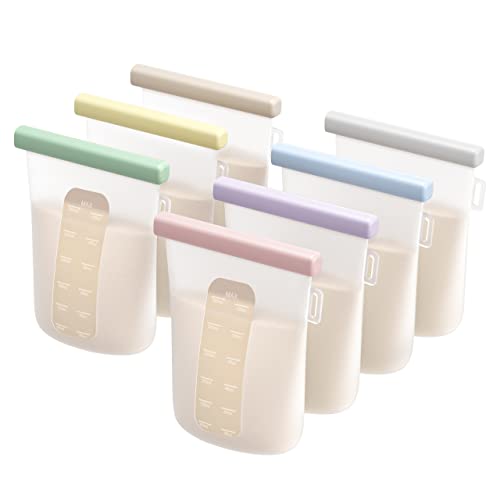 Nuliie 7 Pcs Reusable Silicone Breastmilk Storage Bags, 12oz/360ml Double Leak-Proof Breastmilk Freezer Bags, BPA Free Self-Standing Milk Bags for Breastfeeding, Baby Food Pouches