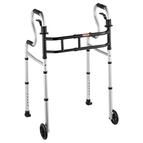 VEVOR Folding Walker on Wheels, 3-in-1 Stand-Assist Folding Walkers with Adjustable Height and Width, Lightweight Aluminum | Front Wheeled Mobility Aid for Elderly Handicapped Disabled, Up to 350LBS