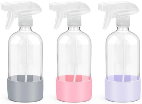 Glass Spray Bottles with Silicone Sleeve Protection, Empty 16 oz Refillable Containers, Reusable Spray Bottles for Hair, Cleaning Solutions, 3 Pack Grey&Pink&Purple