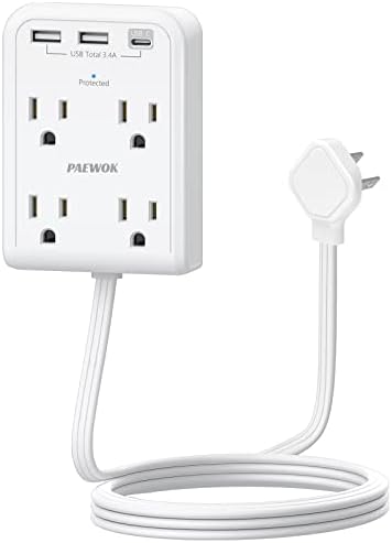 Flat Multi Plug Extender with 3 USB Wall Charger(1 Type C), 4 Outlet Wall Adapter, 4 ft Thin Extension Cord, Flat Plug Surge Protector Power Strip for Home, Office, College Dorm. White