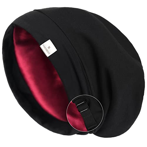 YANIBEST Silk Satin Bonnet Hair Wrap for Sleeping - Adjustable Stay on Silk Lined Slouchy Beanie Hat for Curly Hair and Braids Black-Wine