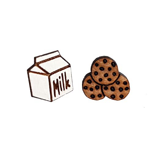 Milk Carton & Chocolate Chip Cookies Mismatch Hypoallergenic Nickel Free Wood Stud Earrings Pair, Funny Cute Christmas Jewelry