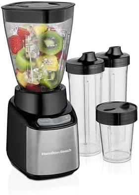Hamilton Beach MultiBlend Smoothie Blender with 4 Shatterproof BPA Free Jars and Lids; Large 32oz Jar, 8oz Grinder for Nuts & Spices, and 2 Portable Travel Cups, 650 Watts, Black and Stainless (52400)