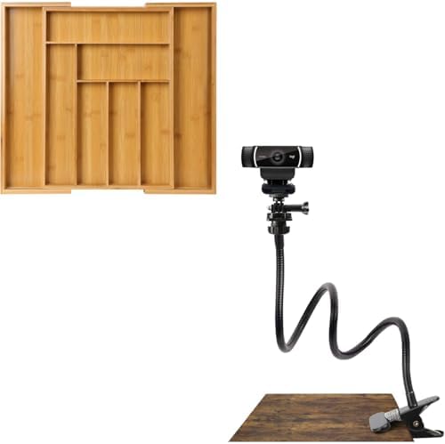 Pipishell Silverware Organizer Bamboo Drawer Organizer Expandable 25 Inch Webcam Stand, Flexible Desk Mount Clamp Gooseneck Stand for Logitech Webcam