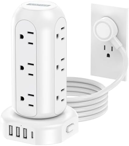 Power Strip Tower PD 20W 12 Outlets and 4 USB Ports Flat Plug Surge Protector with (1 USB C PD 20W) 6.5FT (13A) Travel Power Strip with USB Ports for Home Office Supplies