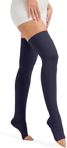 MGANG Medical Thigh High Compression Stockings for Men & Women, Pair, Open Toe, 15-20 mmHg Graduated Compression Support Hose, Opaque, Best for Varicose Veins, Edema, Flight, Swelling, Navy Blue 2XL
