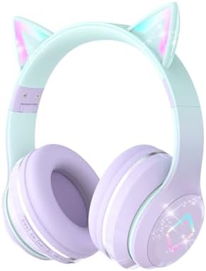 Bluetooth Kids Headphones,Cat Ear LED Light Up Kids Wireless Headphones,Bluetooth 5.1&Stereo Sound, Foldable,Adjustable Headband,Children Headphones with Microphone for School/Tablet (Purple)