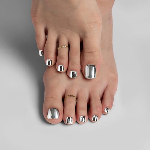 BTArtbox Press on Toenails Short, Metallic Mirror Sliver Toenail Press Ons Square, Fit Perfectly Press on Toe Nails with Glue, Fake Toenails in 16 Sizes- 32 Toenails Kit, Love Streams