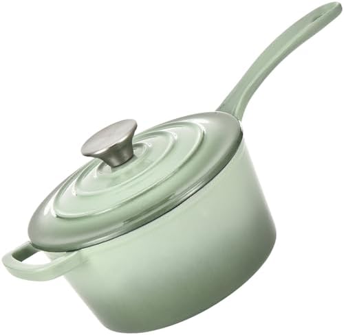 Hamilton Beach Enameled Cast Iron Sauce Pan 2-Quart Sage, Cream Enamel coating, Pot For Stove top and Oven Cooking, Even Heat Distribution, Safe Up to 400 Degrees, Durable