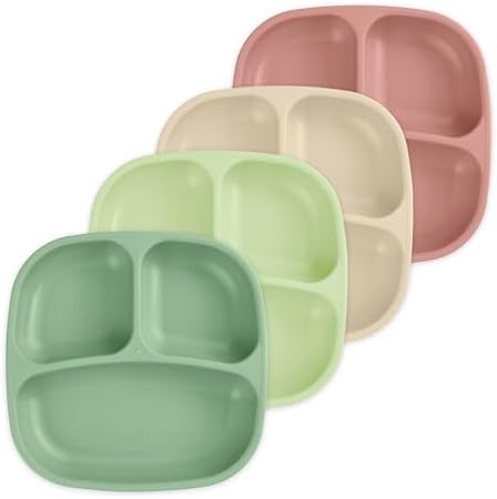 Re-Play - 4 Pack 7.37" Divided Plates with Deep Sides for Baby, Toddler & Child Feeding - BPA Free - Made in USA from Recycled Milk Jugs - Cactus Flower