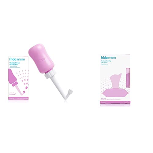 Bundle of Frida Mom Witch Hazel Perineal Cooling Pad Liners (24ct) + Frida Mom Upside Down Peri Bottle for Postpartum Care