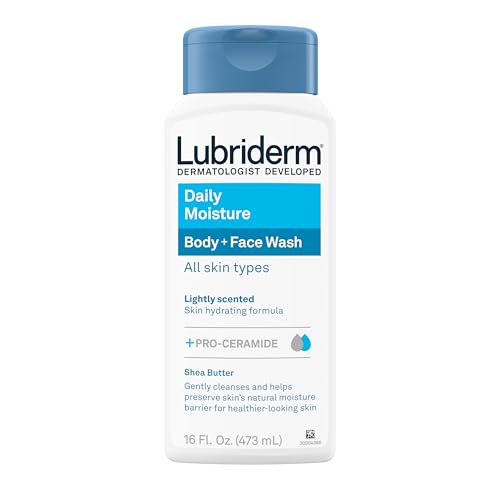Lubriderm Daily Moisture Body + Face Wash, Hydrating Body Wash + Moisturizing Facial Cleanser with Pro-Ceramide & Shea Butter to Gently Cleanse, Light Fragrance & Hypoallergenic, 16 fl. oz