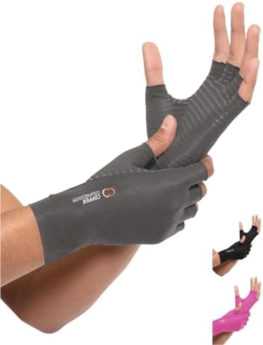 Copper Compression Arthritis Gloves | Fingerless Arthritis Carpal Tunnel Pain Relief Gloves For Men & Women | Hand Support Wrist Brace For Rheumatoid, Tendonitis, Swelling, Crocheting - Grey M