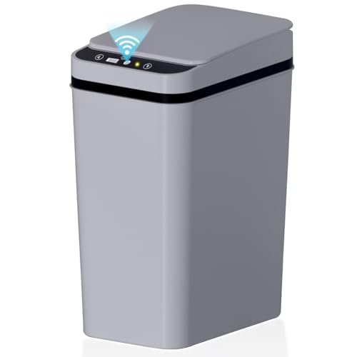 Bathroom Small Trash Can with Lid, 2.2 Gallon Touchless Automatic Garbage Can Slim Waterproof Motion Sensor Smart Trash Bin for Bedroom, Office, Living Room-Grey
