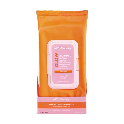 MCoBeauty Vitamin C Facial Wipes, Blend of Vitamin C, Hyaluronic Acid and Antioxidants, Pack of 25 Wipes, Vegan, Cruelty Free Cosmetics
