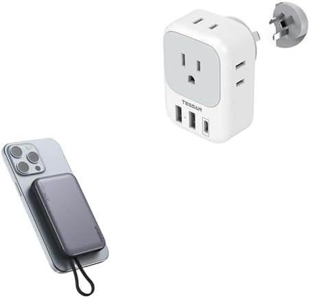 Australia New Zealand Power Adapter USB C, TESSAN Australia Travel Adaptor with 4 American Outlets 3 USB Charger, Magnetic Portable Charger, 20W Battery Pack for iPhone 15/14/13/12/Mini/Pro/Pro Max