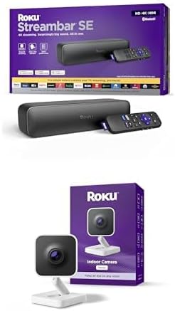 Roku Streambar SE | 2-in-1 TV Soundbar with Built-in 4K/HD/HDR Streaming, Premium Speakers + Roku New Indoor Camera 2024 - Home Security - 1-Pack - Wired Security Camera with 1080p HD