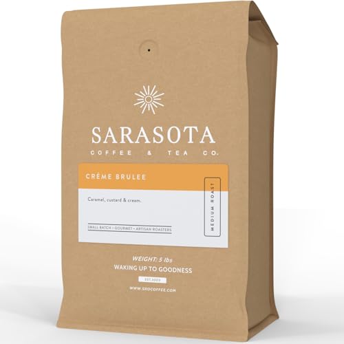 Sarasota Coffee Whole Bean Creme Brulee | Medium Roast Gourmet Flavored Coffee Beans | Low Acid, Mold Free, Specialty Grade Bulk Beans | 5lb (80 oz)