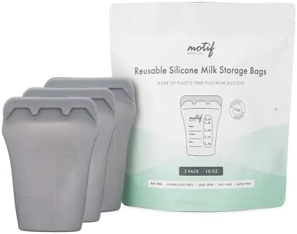 Motif Medical Reusable Milk Storage Bags, BPA Free Silicone, 3 Bags, Stores 10oz of Milk