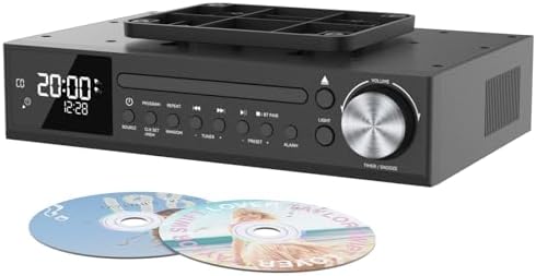 MONODEAL Bluetooth CD Player,Under Cabinet Kitchen FM Radio CD Player,Dual HD Speakers,Wireless Music System with LED Light,Remote Control,Kitchen Timer,Dual Alarm Clock,Remote Control Black