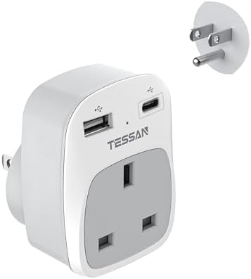 TESSAN UK to US Plug Adapter, UK Plug Adapter with AC Outlet 2 USB Ports, Type G Power Outlet Adaptor Ireland Singapore Hongkong to Type B USA Travel Adaptor