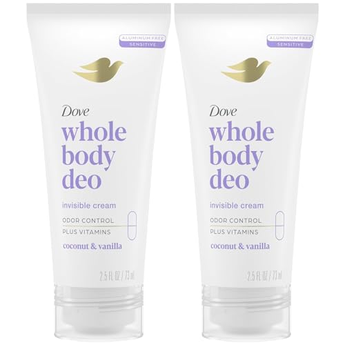 Dove Whole Body Deo Aluminum Free Invisible Cream Deodorant Coconut & Vanilla for 72h Odor Control, 2.5 oz (Pack of 2)