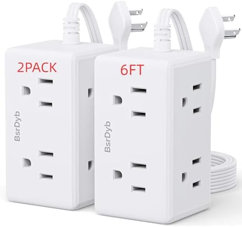 2 Pack 6Ft Flat Plug Small Power Strip,3-Side White Extension Cord with 6 Wide Outlets Extender,No Surge Protector,Cruise Ship Essentials,Multi Plug for College Dorm Home Office Travel,Wall Mount,ETL