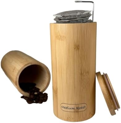 Air-tight bamboo container for coffee pods, coffee pads, coffee grounds, coffee beans. Compatible with Senseo, Hamilton Beach, Illy, and other pantry items. [Pack of 1]