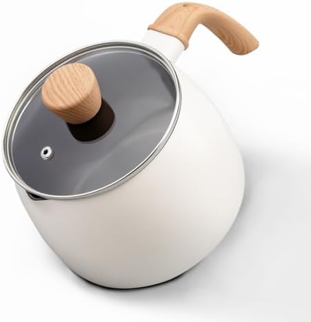 2.5 Quart Non-stick Ceramic Sauce Pan with Lid,Small Milk Pots for Cooking with Pour Spout,Aluminum stock Pot Wood Handle for kitchen,PFAS-Free,White