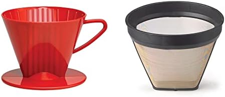 Fino Pour-Over Reusable Coffee Brewing Cone with Gold-Toned Mesh Permanent Coffee Filter, Number 2-Size, Red