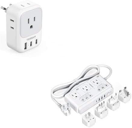 European Travel Plug Adapter, TESSAN Type C Travel Adaptor with 4 Electrical Outlets 3 USB Ports (2 USB C), 220V to 110V Voltage Converter, for UK EU AUS Italy Spain, for Hair Dryer Curling Iron