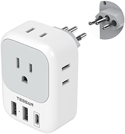 TESSAN Brazil Power Adapter, US to Brazil Travel Plug with 4 American Outlets 3 USB Charger (1 USB C Port), Type N Adaptor for USA to Brazilian Brasil