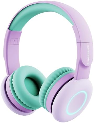 BIGGERFIVE Kids Wireless Bluetooth Headphones with 7 Colorful LED Lights, 50H Playtime, Microphone, 85dB/94dB Volume Limited, Foldable On Ear Kids Headphones for School/Girls/Fire Tablet, Purple