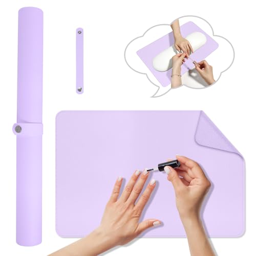 Nail Art Table Mat,Foldable Nail Arm Rest Pad for Nails,Soft Microfiber PU Leather Nail Mat for Table,Waterproof Manicure Pad,Nail Table Pad for Nail Technician Salon Home-Purple