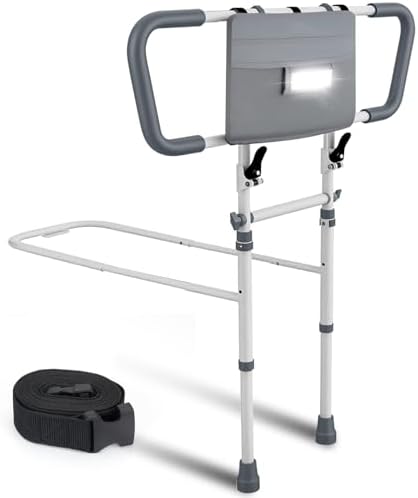 Bed Rails for Elderly Adults Safety – Foldable & Adjustable Bed Assist Rail with Motion Sensor Light & Storage Pouch, Non-Slip Handle, Tool-Free Assembly, Fits King, Queen, Full, Twin Beds