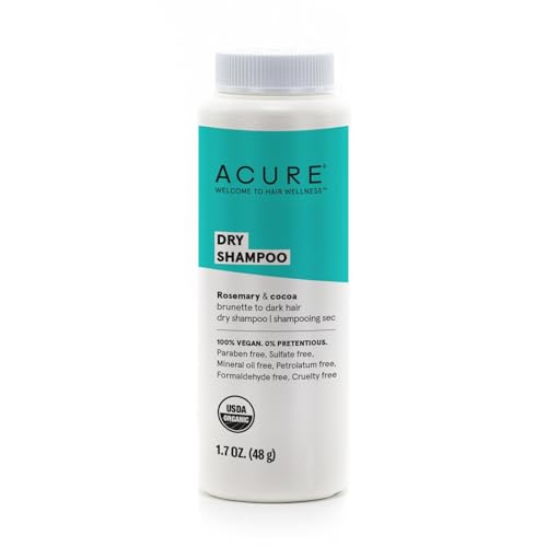 Acure Dry Shampoo - Brunette to Dark Hair, Powder Care to Refresh Treated Color Tinted Hair & Extend Cleansing with Cocoa & Rosemary Formula - 100% Vegan - 1.7 Oz Travel Pack Size