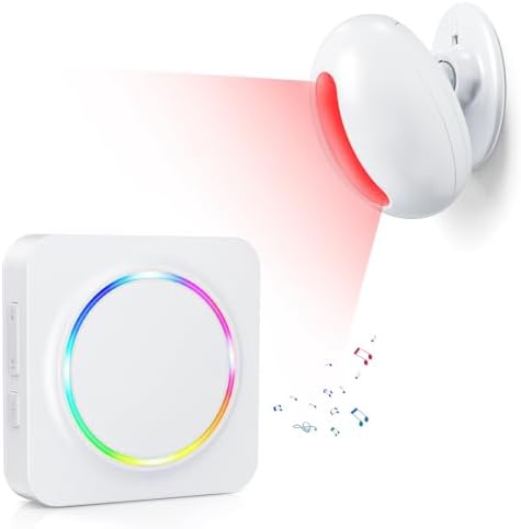 Wireless Motion Sensor Alarm Indoor -Door Chime for Business, Store Welcome Buzzer Monitor with Colorful LED Light 500 FT Range Commercial Door Entry Alert, Caregiver Reminder for Elderly