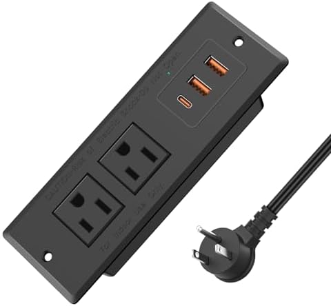 Recessed Power Strip, Flush Mounted Drawer Outlet with PD 20W Fast Charging USB-C Ports, Recessed Outlet for Conference Rooms, Office Tables, Furniture, 6.5FT Cord (Black)