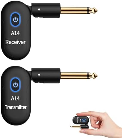 A14 Wireless Guitar System 2.4GHz 2 Modes, Thumb-Size, 90° Rotatable, Rechargeable Li-Battery, 100ft Range, 10H, Plug & Play for Guitar, Bass, Violin, Keyboard - Black (1TX + 1RX)