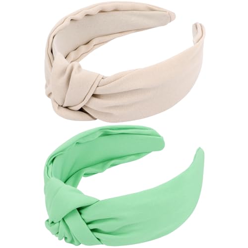 VELSCRUN Green Beige Wide Knotted Headbands for Women Girls Hair 2 Pack Satin Solid Simple Women Fashion Headband Non Slip Head Bands Elastic Hair Band Womens Sisters Hair Accessories