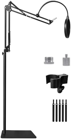 Mic Stand Floor Boom Arm for Blue Yeti, Nano, Snowball, HyperX QuadCast, Shure SM7B MV7, Fifine K688 and More Mic, Floor Microphone Stand with 3/8" to 5/8" 1/4" Screw, Pop Filter Mic Clip Cable Ties