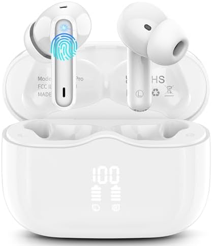 Wireless Earbuds, Bluetooth 5.3 Headphones in Ear with 4 ENC Noise Cancelling Mic, HiFi Stereo Deep Bass Wireless Earphones 40H Playtime, in-Ear Earbud Bluetooth Dual LED Display IP7 Waterproof, White