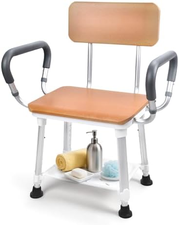 Sangohe Shower Chair for Inside Shower, Shower Chair with Wood Seat Board and Back, Height Adjustable Shower Chair for Elderly and Disabled, 400 lbs Heavy Duty Shower Seat for Seniors, 796D-A