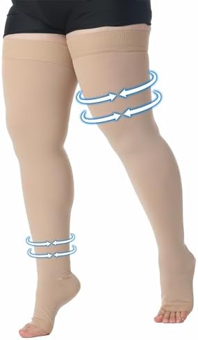 MGANG Medical Thigh High Compression Stockings for Men & Women, Pair, Open Toe, 15-20 mmHg Graduated Compression Support Hose, Opaque, Best for Varicose Veins, Edema, Flight, DVT, Swelling, Beige 5XL