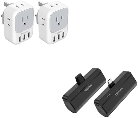 2 Pack US to UK Plug Adapter, TESSAN Ireland Scotland Type G Power Adapter, 4 American Outlets 3 USB, Mini Portable Charger, 5000mAh Small Power Bank, for iPhone 15/15 Plus/15 Pro/15 Pro Max