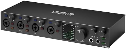 TOPPING E4X4 Pre USB Audio Interface - Dual USB-C Ports, 24bit/192kHz, 4IN/4OUT, Dual Headphone Outputs, Low Noise, Real-Time Monitoring, Mixer, for PC, Mac, iPhone, Professional Recording(Black)